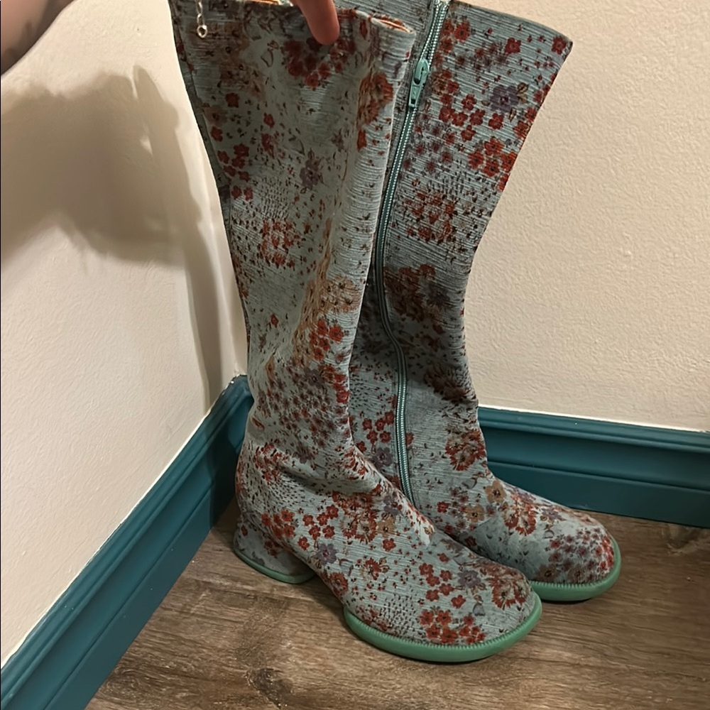 John Fluevog Teal Floral Knee-High Heeled Boots